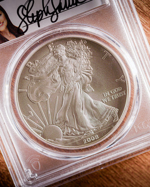 2008 (Reverse of 2007) Burnished Silver American Eagle | PCGS Modern Numismatic Masterpieces | Stephanie Sabin Autographed SP70