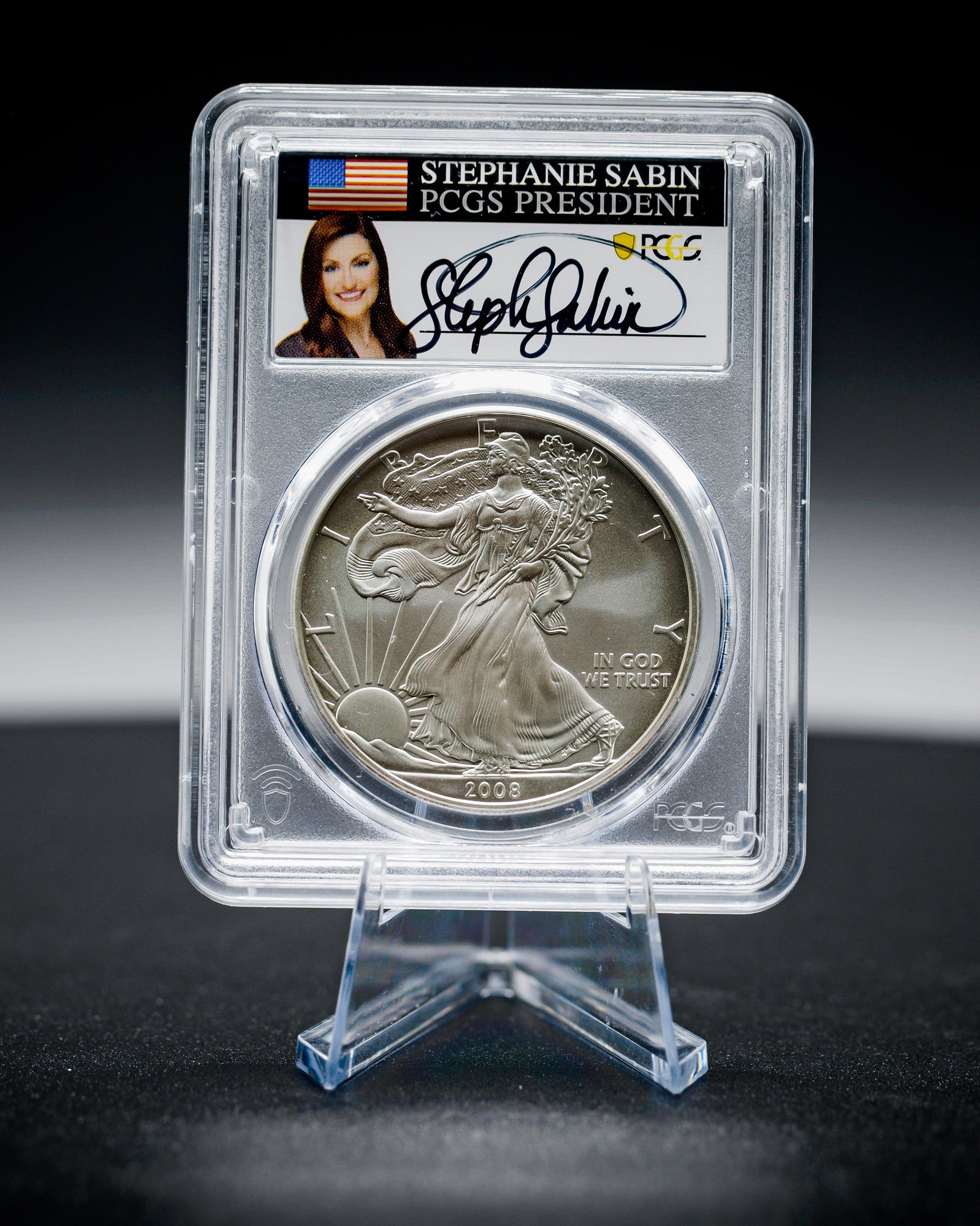 2008 (Reverse of 2007) Burnished Silver American Eagle | PCGS Modern Numismatic Masterpieces | Stephanie Sabin Autographed SP70