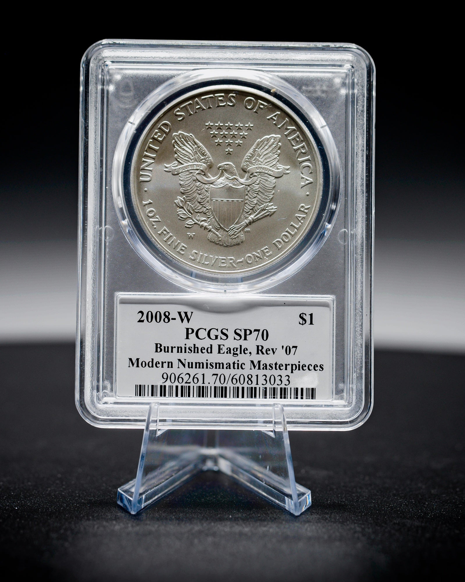 2008 (Reverse of 2007) Burnished Silver American Eagle | PCGS Modern Numismatic Masterpieces | Stephanie Sabin Autographed SP70