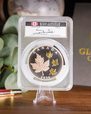 2026 Canada Maple Leaves in Motion 5 oz Silver Selective Gilt PCGS PR70 Deep Cameo Advanced Release Steven Rosati Autographed