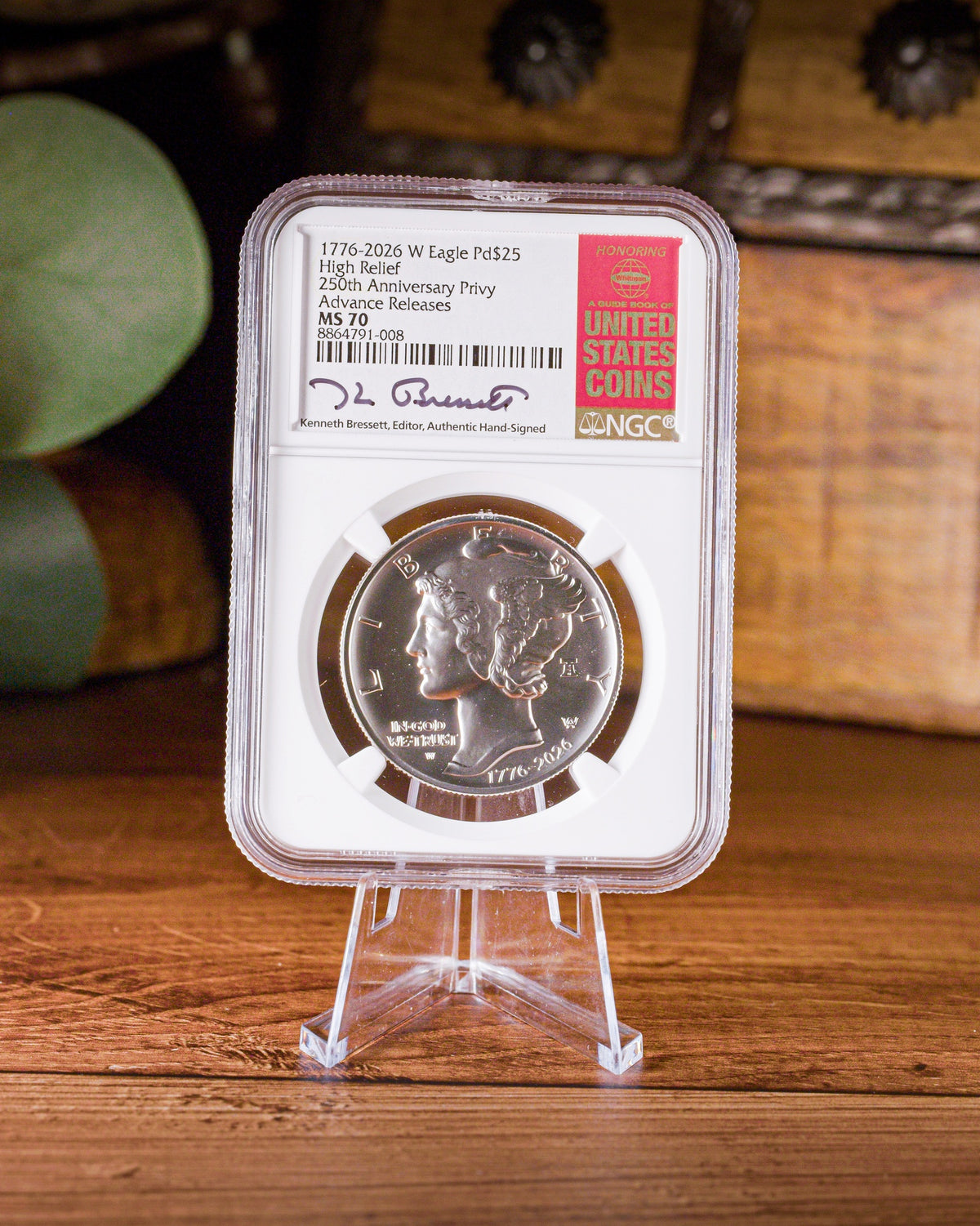 1776-2026-W High Relief Palladium Eagle | 250th Anniversary Liberty Bell Privy | NGC Advanced Release MS70 | Kenneth Bressett Autographed