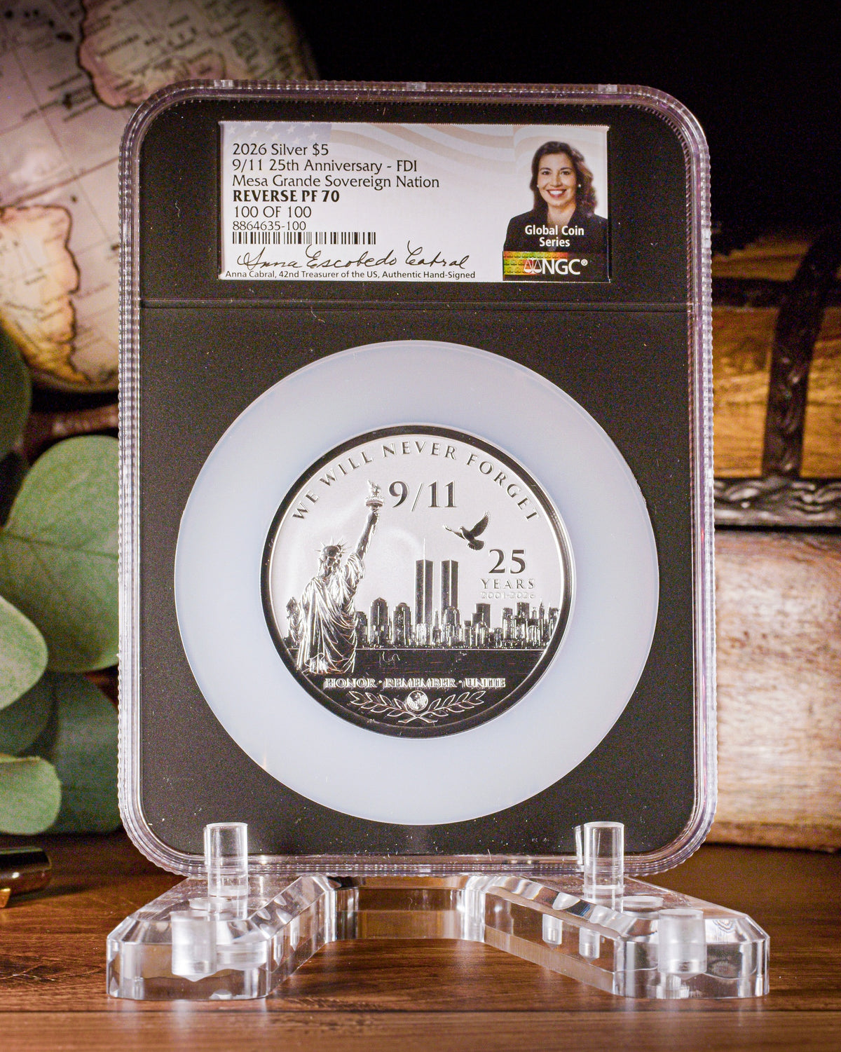 2026 5oz Silver September 11 25th Anniversary | NGC First Day of Issue Reverse PF70 | Anna Cabral Autographed
