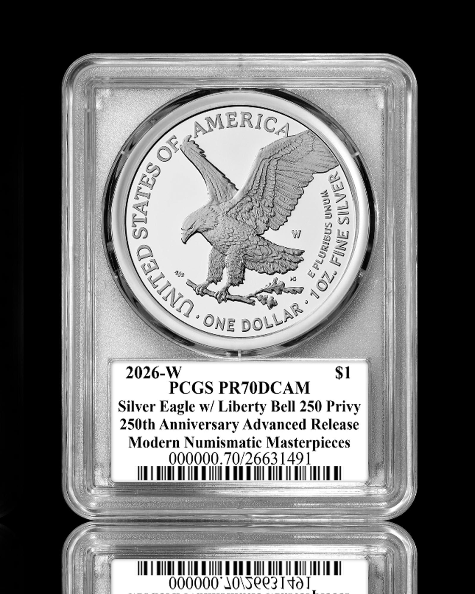 2026-W Proof American Silver Eagle | PCGS PR70 Deep Cameo | 250th Anniversary Advanced Release | Liberty Bell "250" Privy Mark | Stephanie Sabin Autographed | Modern Numismatic Masterpieces Label
