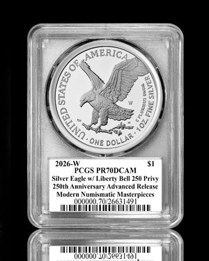 2026-W Proof American Silver Eagle | PCGS PR70 Deep Cameo | 250th Anniversary Advanced Release | Liberty Bell "250" Privy Mark | Stephanie Sabin Autographed | Modern Numismatic Masterpieces Label