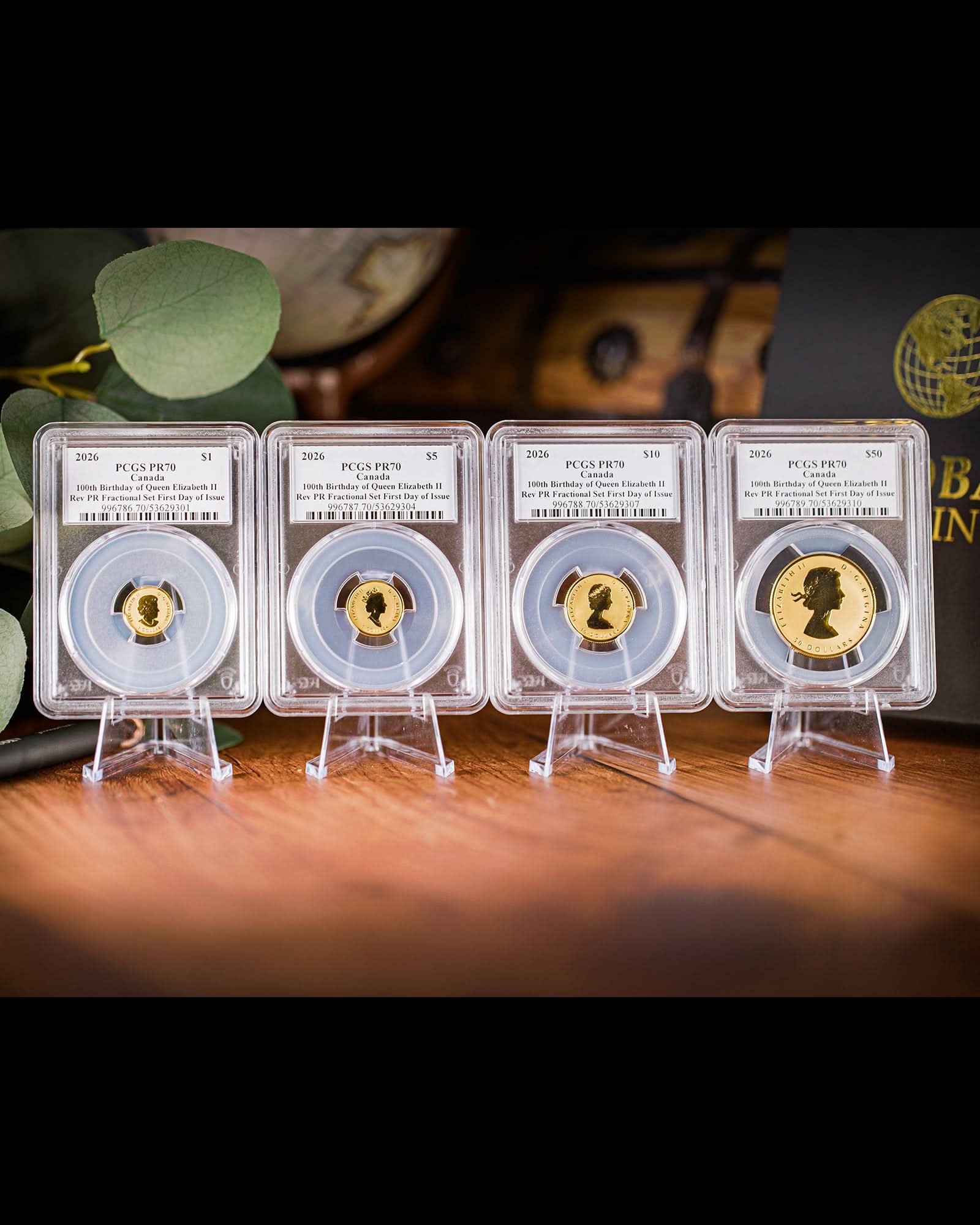 2026 4PC Gold Queen Elizabeth II 100th Birthday Set Reverse Proof | First Day of Issue PCGS PR70 | Steven Rosati Autographed