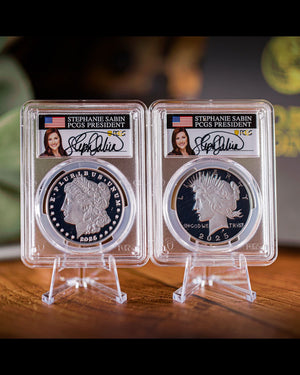 2025 2-Piece Morgan and Peace Dollar Set | Advanced Release PCGS PR70DCAM | Stephanie Sabin Autographed