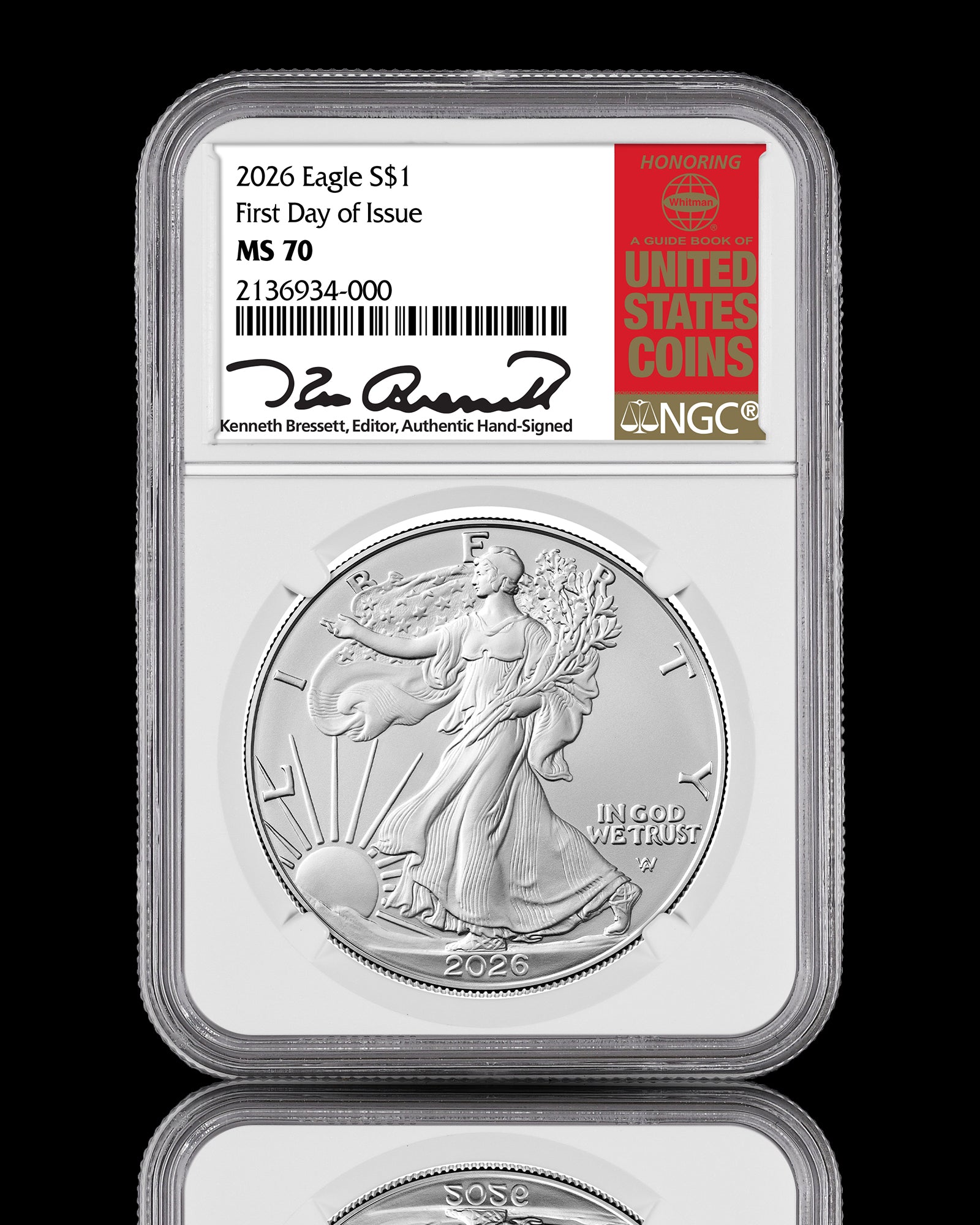 2026 $1 American Silver Eagle | MS70 First Day of Issue | Kenneth Bressett Autographed