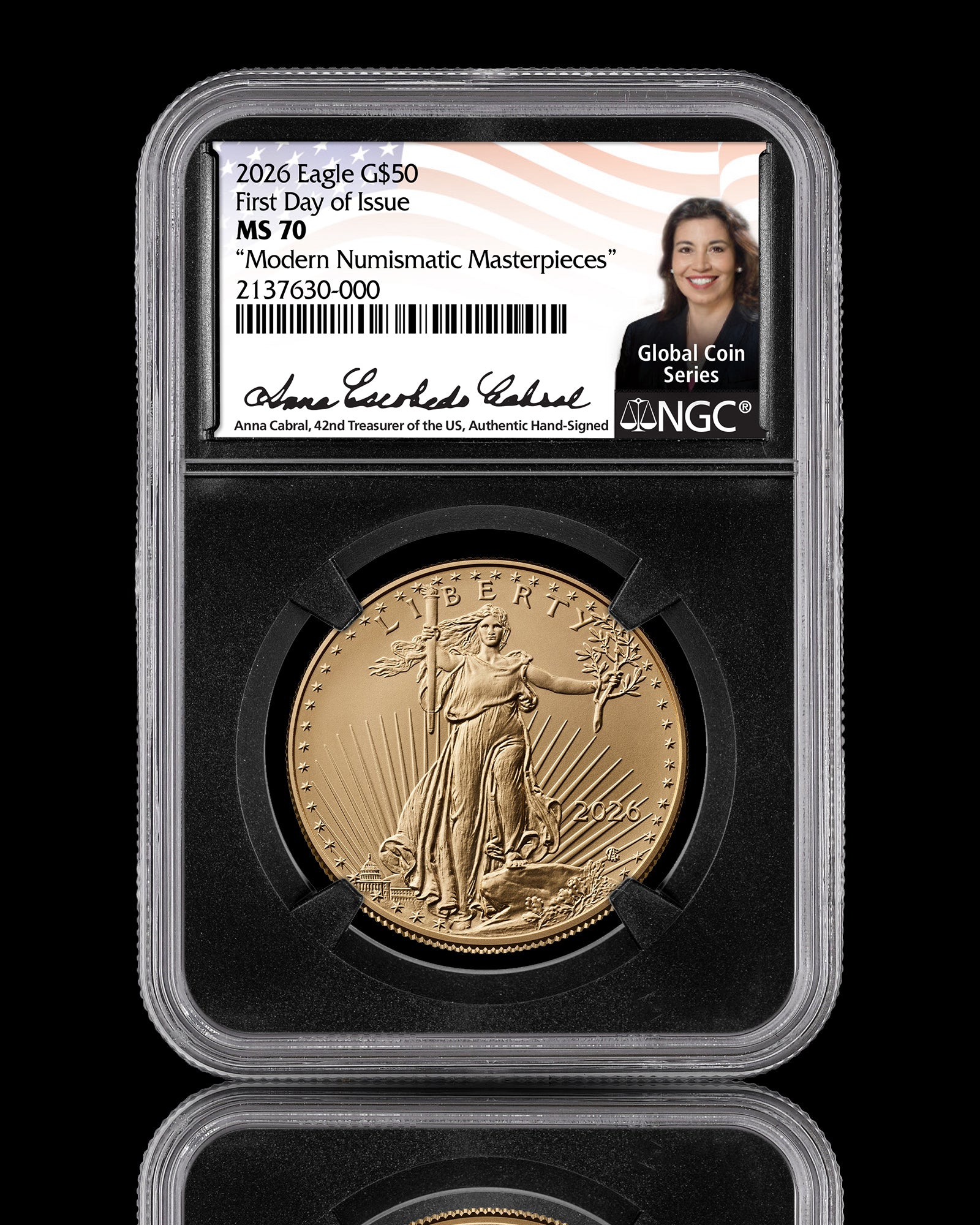 2026 $50 American Gold Eagle | MS70 First Day of Issue | Anna Escobedo Cabral Autographed | Modern Numismatic Masterpieces Label