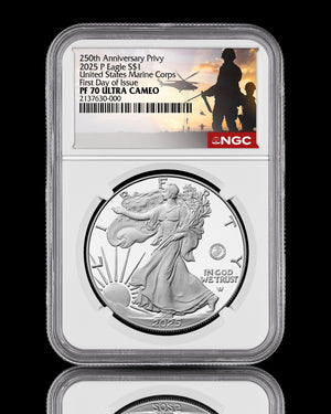 2025-P American Silver Eagle Proof | PF70 Ultra Cameo First Day of Issue | Marine Corps Label