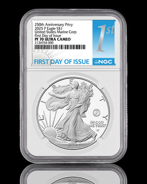 2025-P U.S. Marine Corps 250th Anniversary Privy Proof Silver Eagle | NGC PF70 Ultra Cameo 1st Label