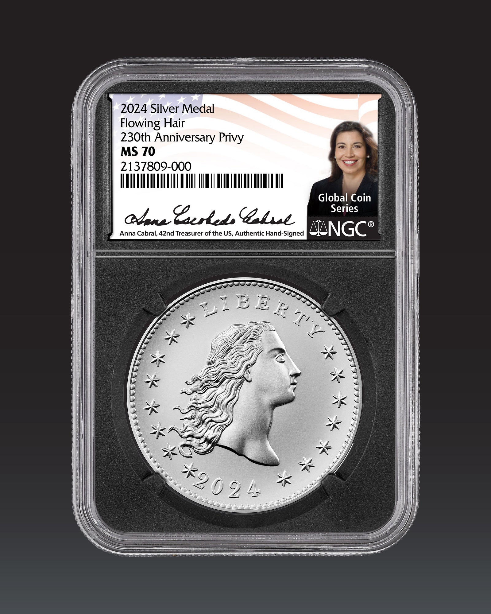 2024 High Relief Flowing Hair Silver "23O ANN" | NGC "Modern Numismatic Masterpieces" MS70 | Anna Cabral Autographed