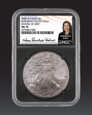 2008 W $1 Reverse 2007 Burnished Silver Eagle|  NGC "Modern Numismatic Masterpieces" MS70 | Anna Cabral Autographed