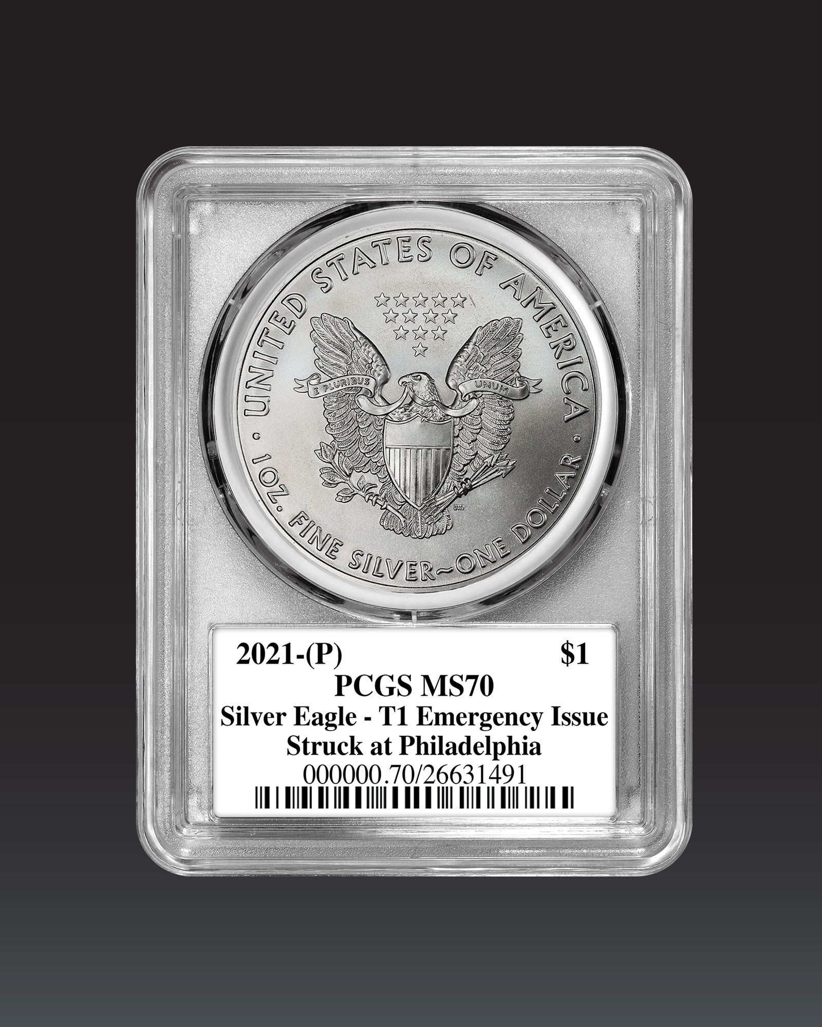 2021 "P" Silver Eagle "T1 Emergency" | PCGS "Modern Numismatic Masterpieces" MS70 | Stephanie Sabin Autographed