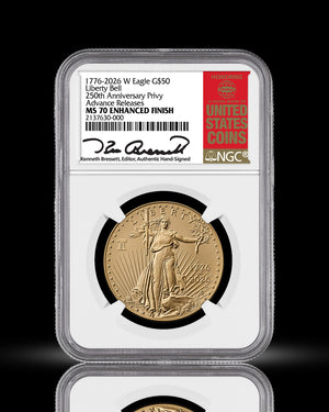1776-2026 W 1 oz 250th Anniversary Liberty Bell Privy Gold Eagle Enhanced | Advanced Release | NGC MS70 | Kenneth Bressett Autographed