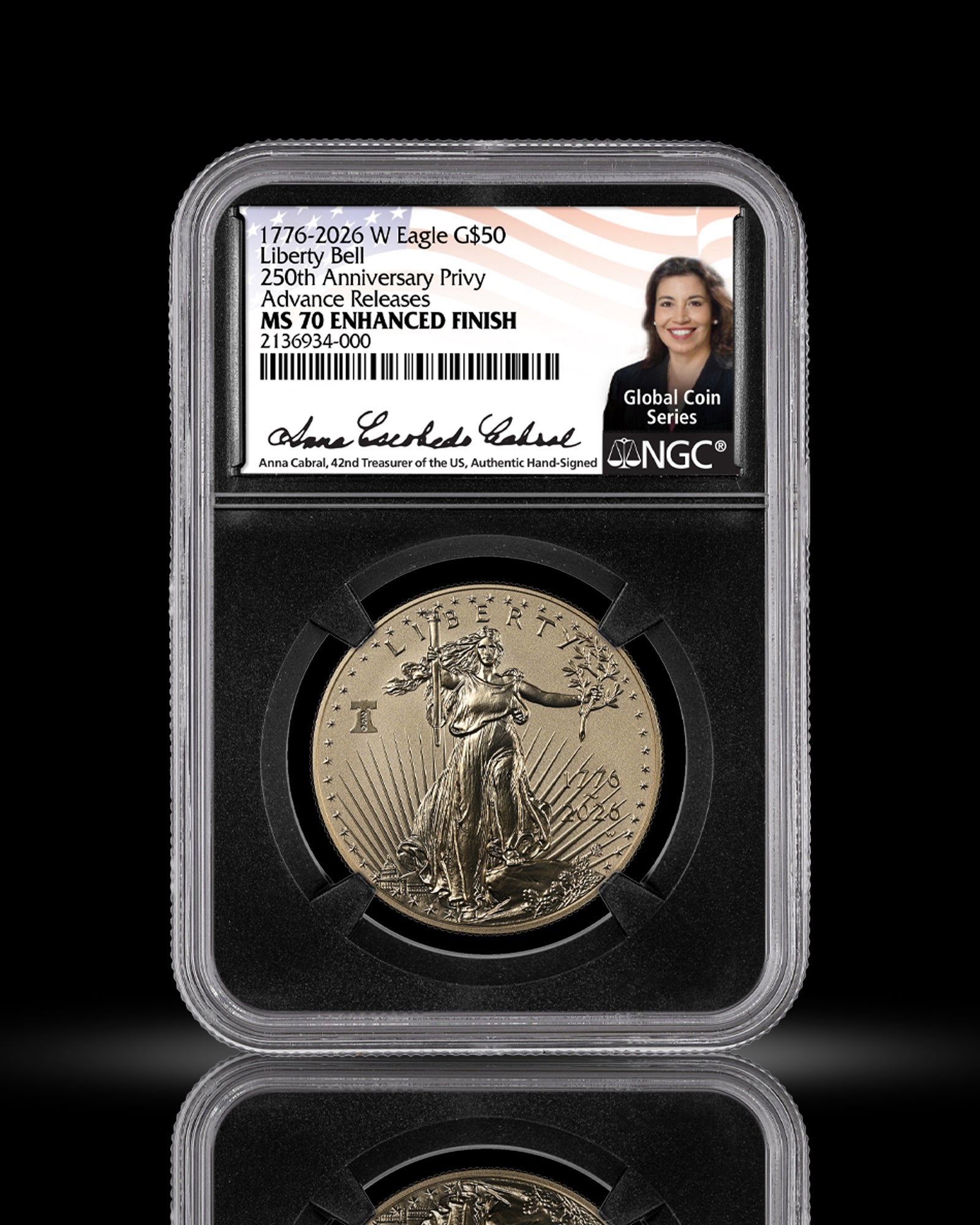 1776-2026 W 1 oz 250th Anniversary Liberty Bell Privy Gold Eagle Enhanced | Advanced Release | NGC MS70 | Anna Escobedo Cabral Autographed