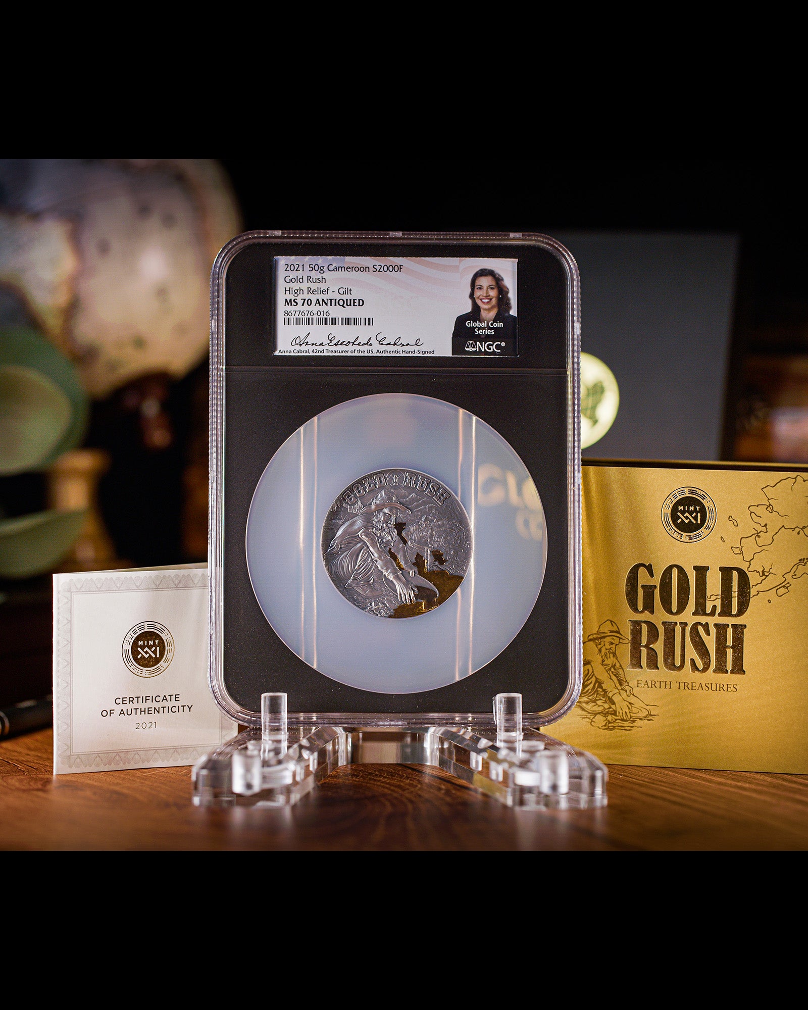 2021 Cameroon Gold Rush High Relief Gilt 2000 Francs Silver Antiqued Coin | NGC Antiqued MS70 | Anna Cabral Global Coin Series Autographed