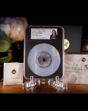 2022 Cameroon Meteorite Tenham 50g Silver Antiqued Coin | NGC Antiqued MS70 | Anna Cabral Autographed