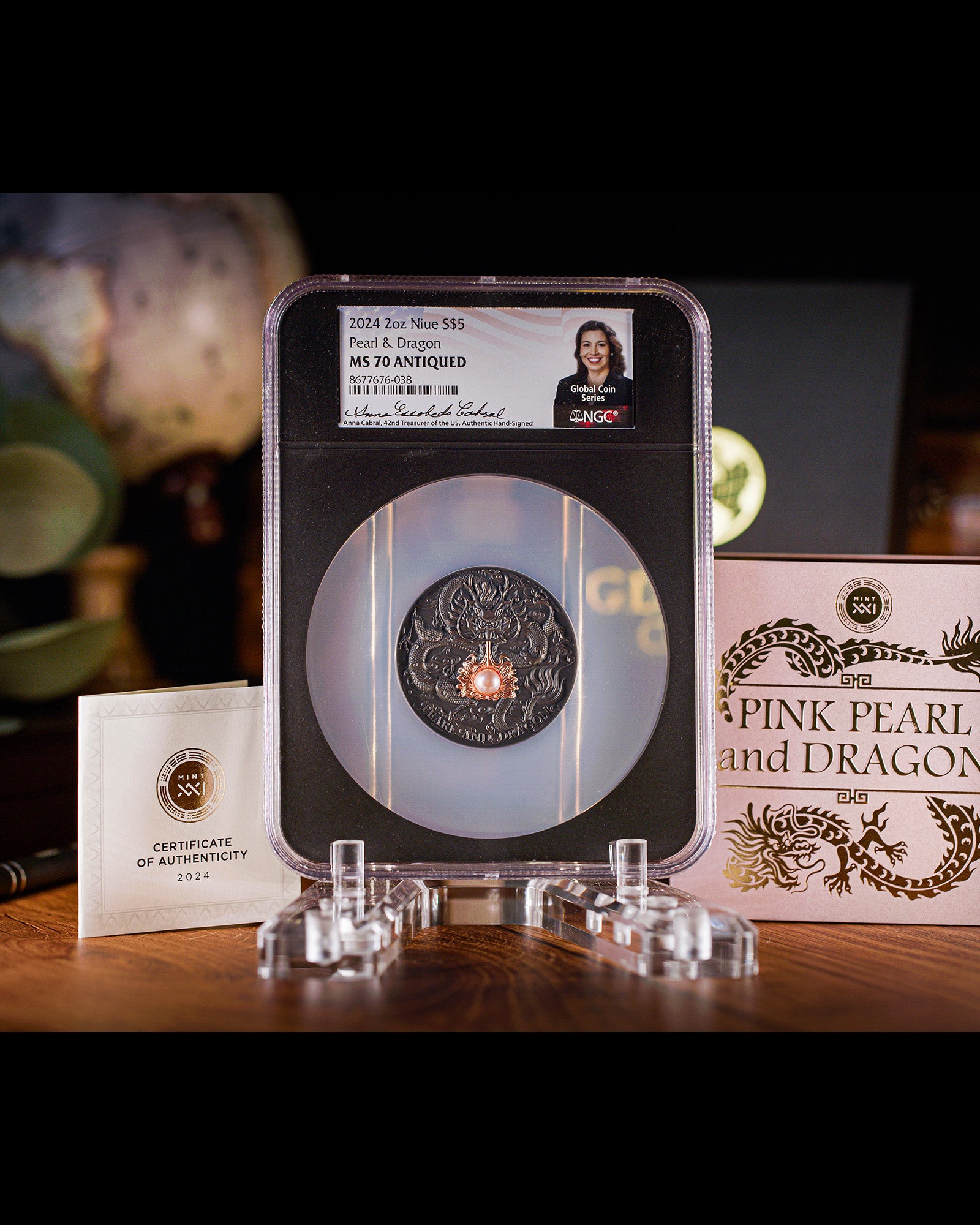 2024 Niue Divine Pearls Pink Pearl and Dragon $5 Silver Antiqued Coin | NGC Antiqued MS70 | Anna Cabral Autographed